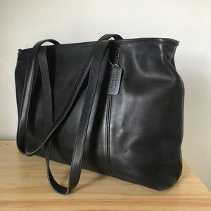 Vintage Coach Black Leather Zipper Tote Handbag